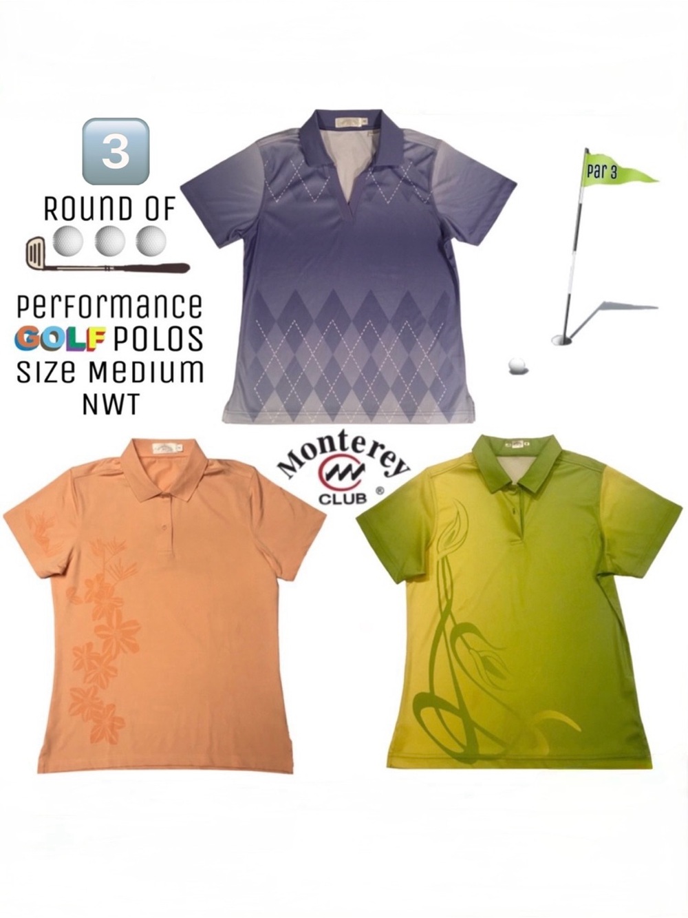 3 NWT Monterey Club Performance Golf Shirts Polos Activewear Sz Med Colors:🍆🍑🎾